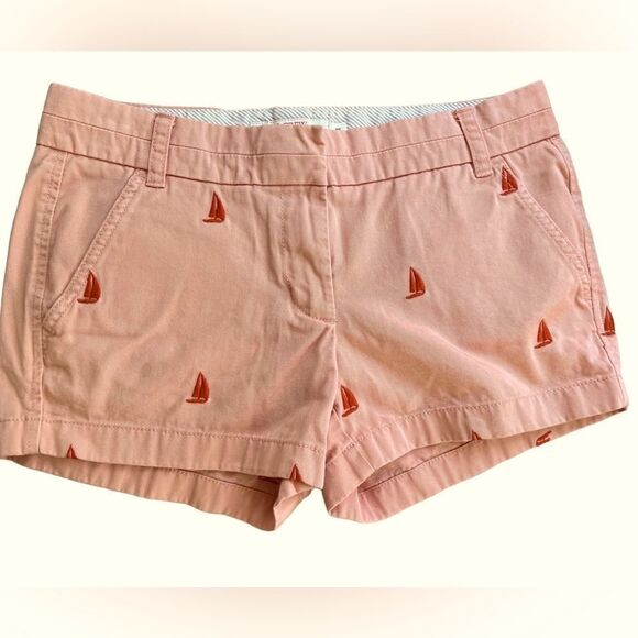 J. Crew broken in chino short in peach with orange embroidered sailboats sz 4. - Picture 2 of 5